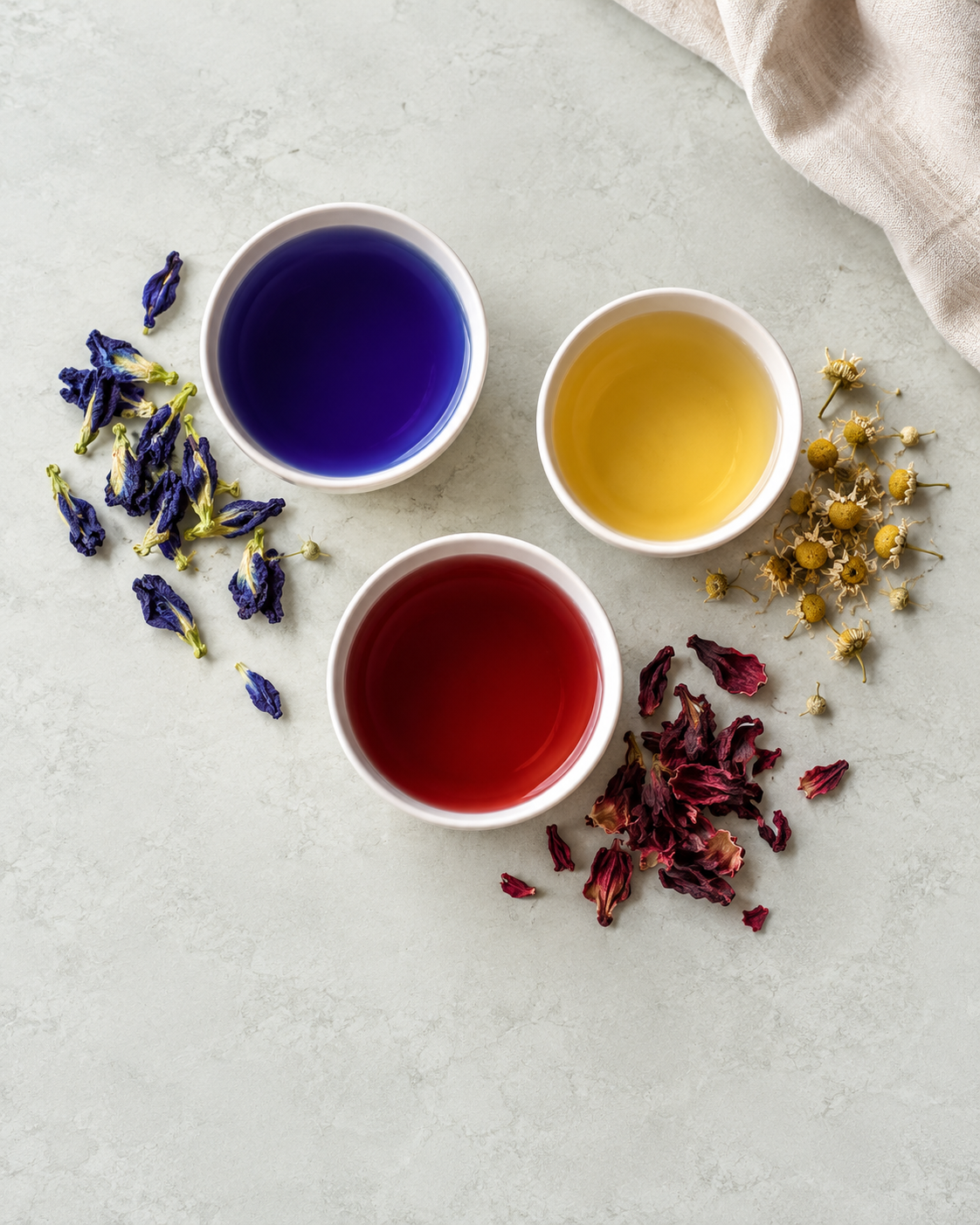 Three cups of butterfly pea, chamomile and hibiscus seen from above on pale stone