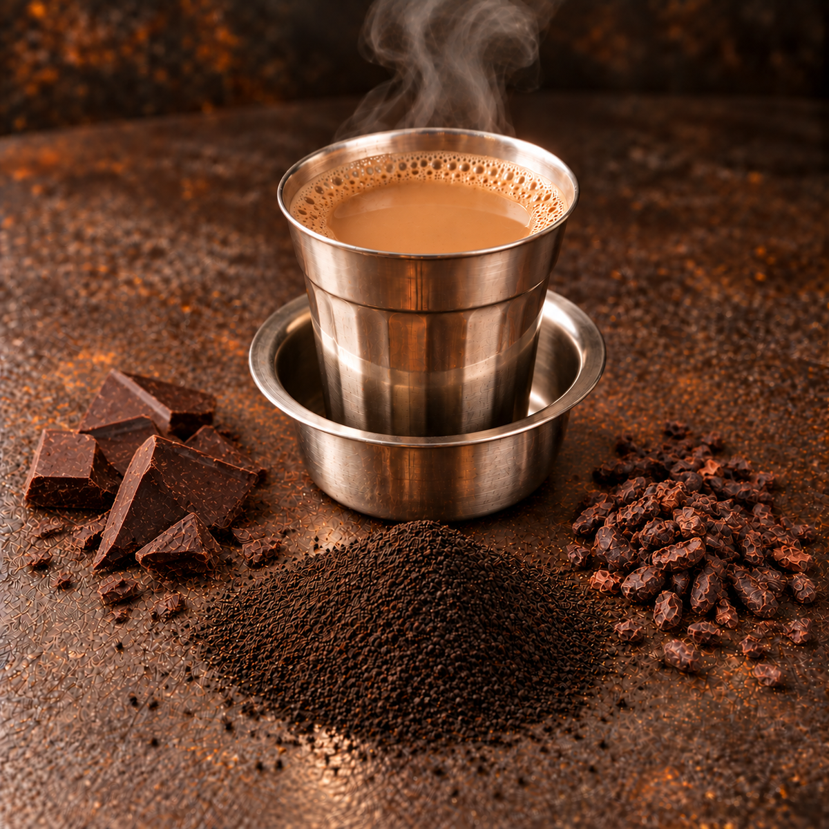 A cup of Chocolate Chai with CTC tea, chocolate and cocoa nibs