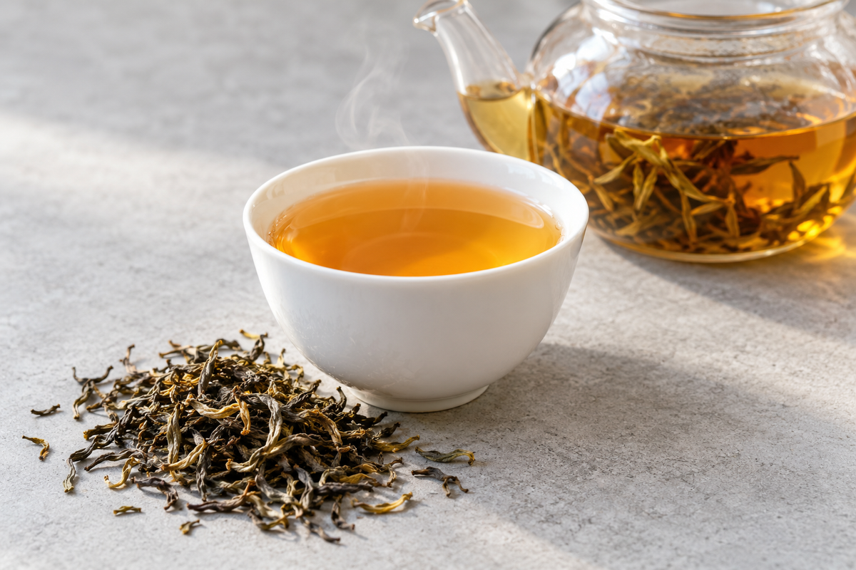 A white porcelain cup of amber Darjeeling tea beside dry whole leaf