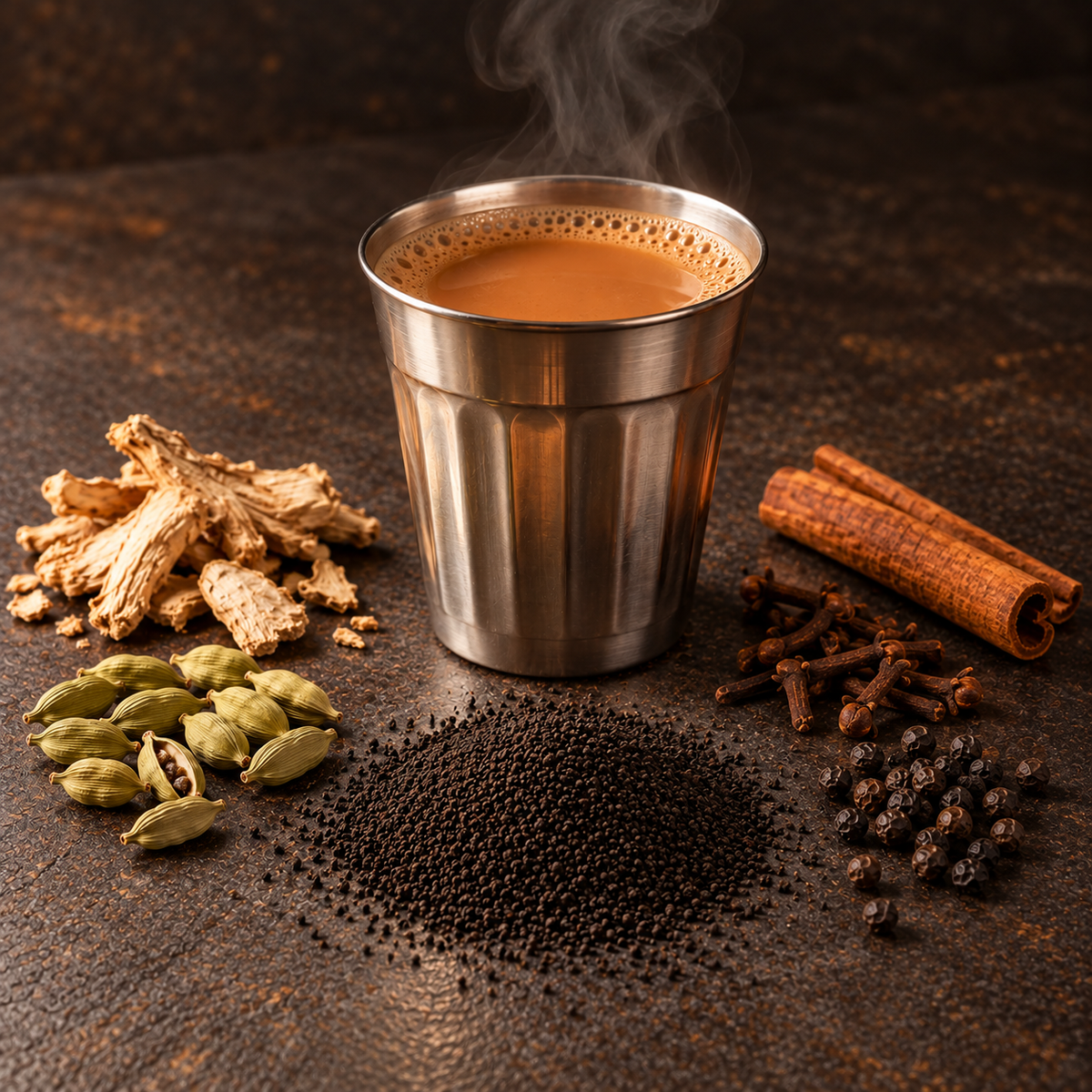 A cup of Strong Masala Chai with CTC tea, cardamom, cinnamon, ginger, cloves, nutmeg, black pepper, fennel seeds and other herbs and spices