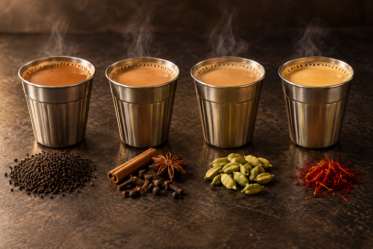 Four steel glasses of milk chai, kadak, masala, elaichi and kesar, with their spices