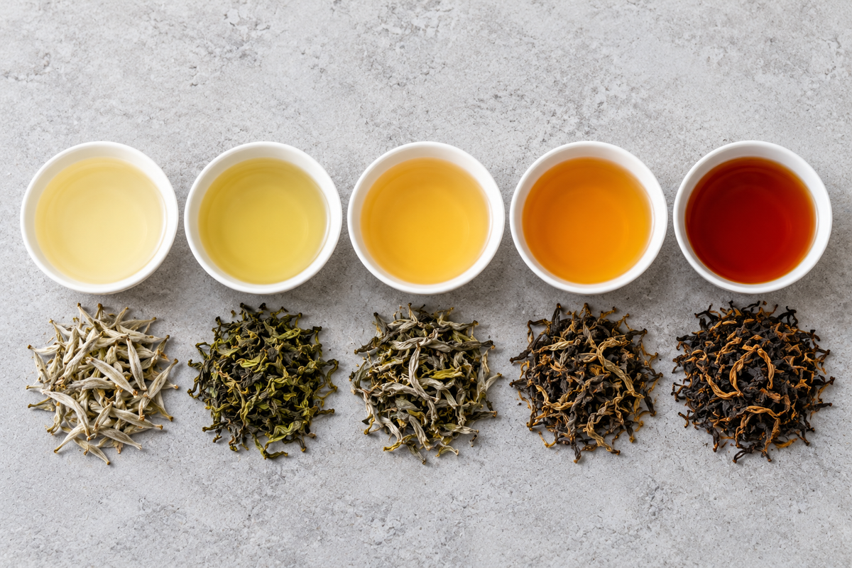 Five white tasting bowls of tea from pale white tea to deep red Assam, each with its dry leaf