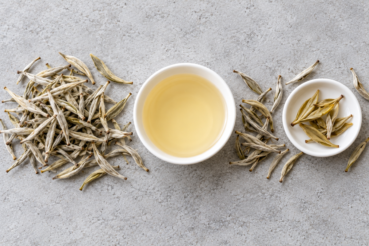 White tea buds and a cup of pale straw-coloured white tea