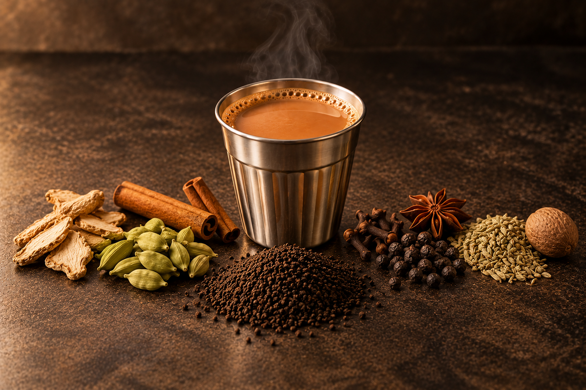A steel glass of masala chai with ginger, cardamom, cinnamon, cloves, pepper and star anise