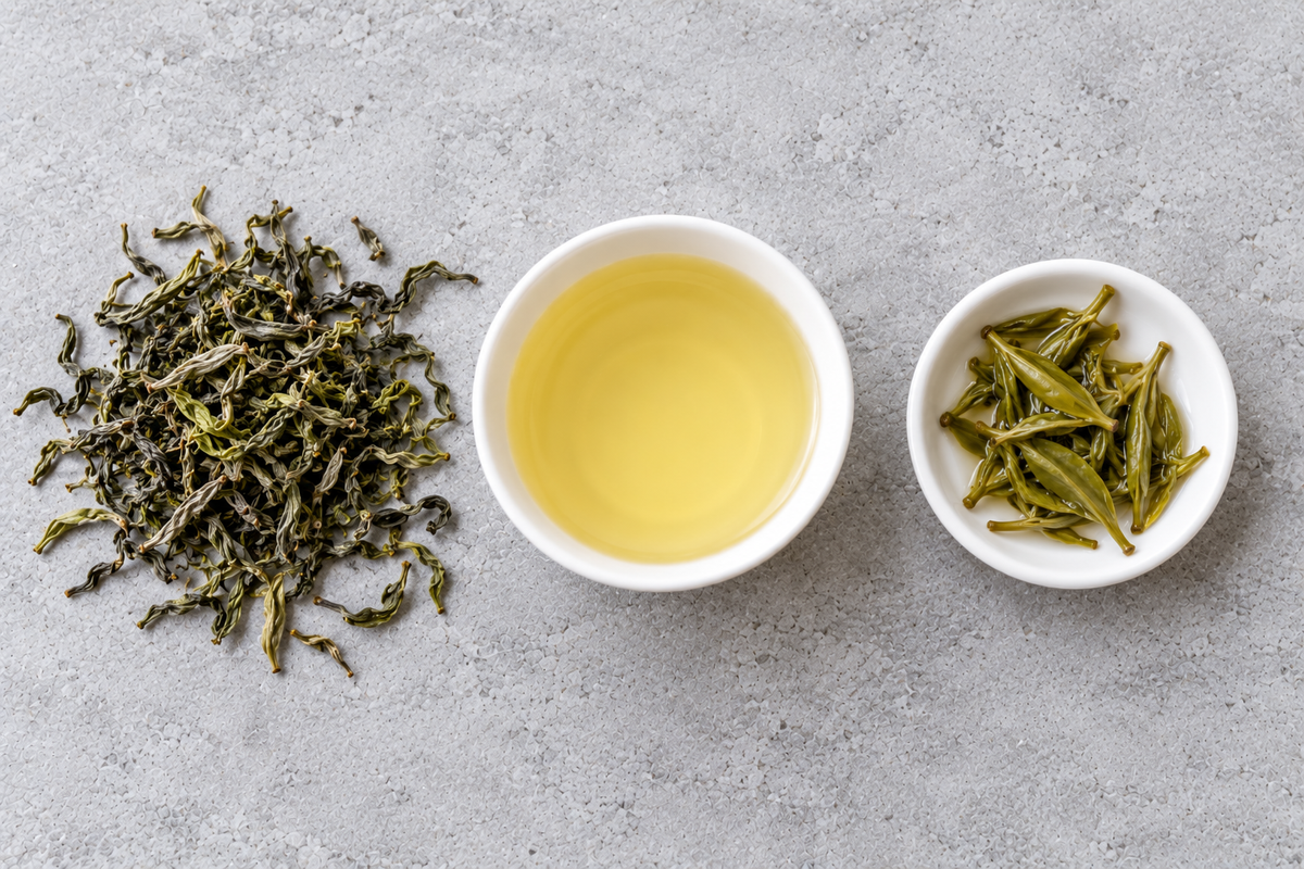 Rolled green tea leaf and a cup of pale green-gold green tea
