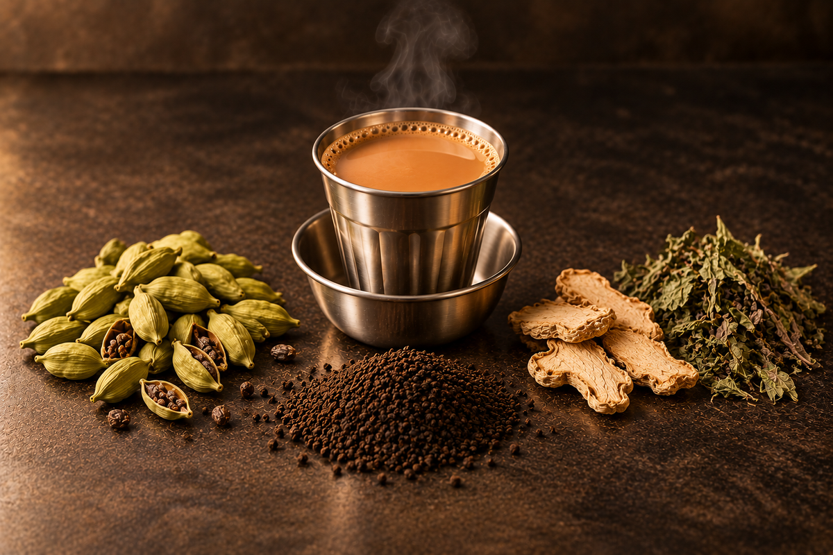 Elaichi chai in a steel tumbler with green cardamom, dried ginger and tulsi