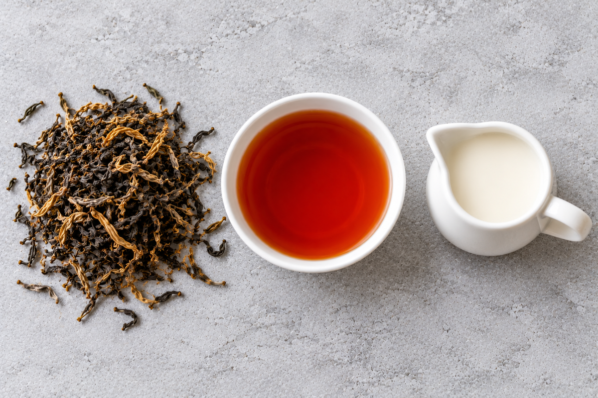 Whole-leaf black tea and a cup of deep red black tea
