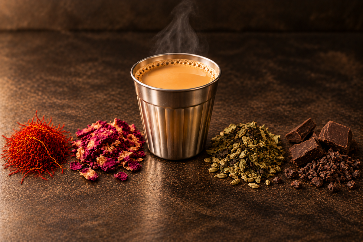 Golden saffron chai with saffron, rose petals, dry paan with fennel, and chocolate with cocoa nibs