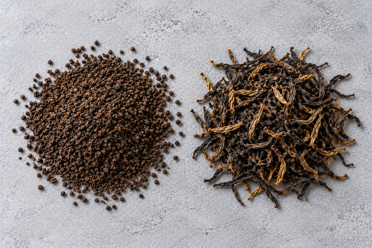 CTC tea granules beside whole-leaf black tea