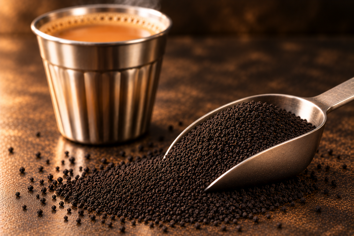A steel scoop of round CTC tea granules in front of a glass of milk chai