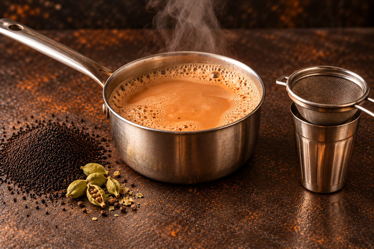 A steel saucepan of chai just off the boil, with a strainer over a cutting-chai glass