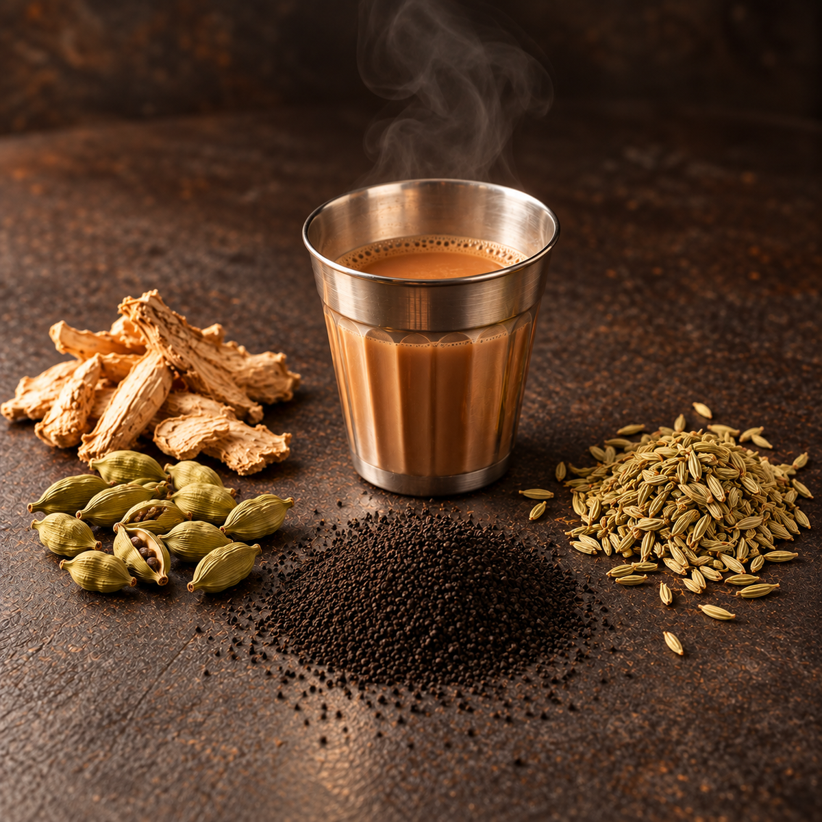 A cup of Bombay Cutting Chai with CTC tea, cardamom, ginger and fennel seeds