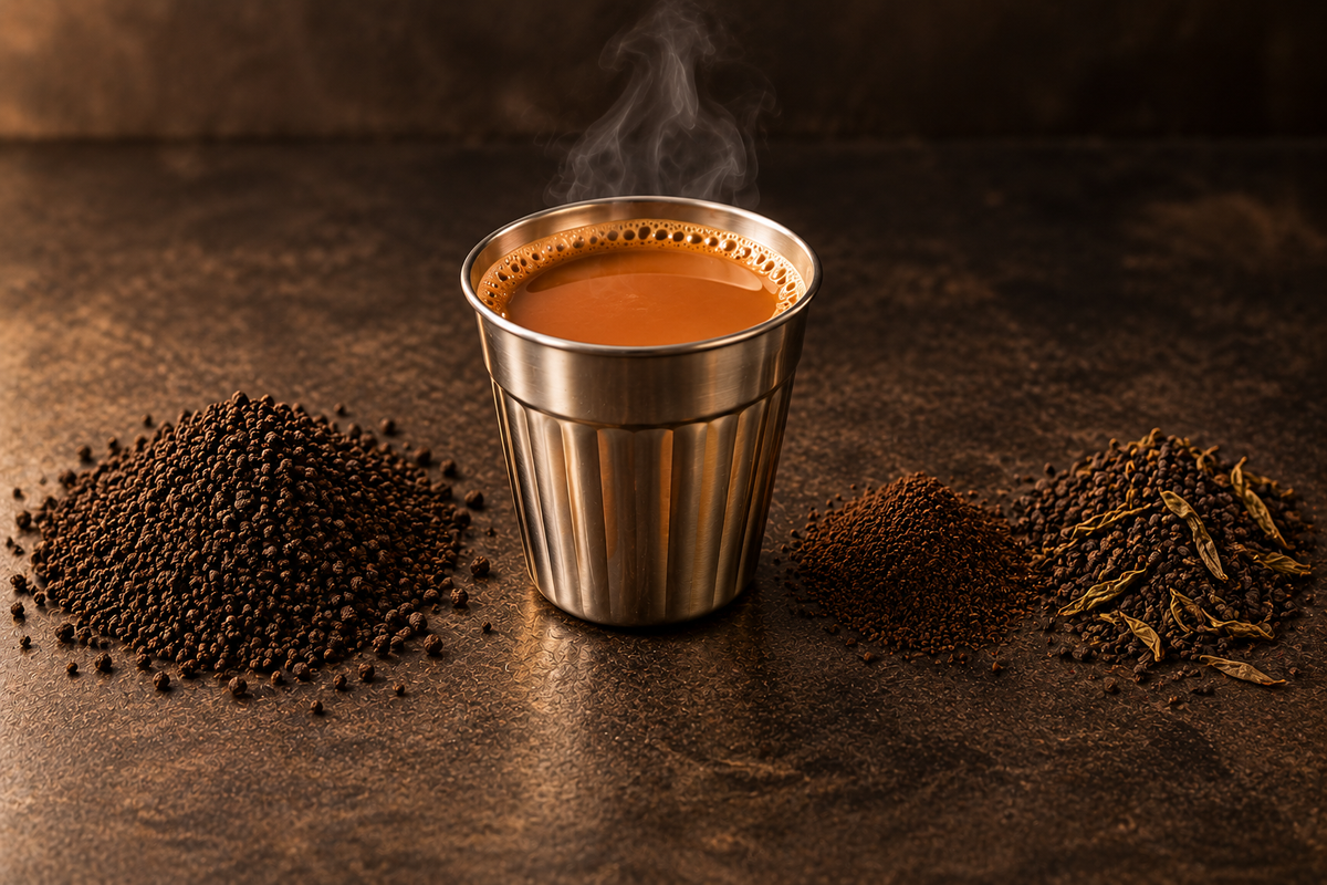A steel glass of dark kadak chai between heaps of CTC granules and tea dust