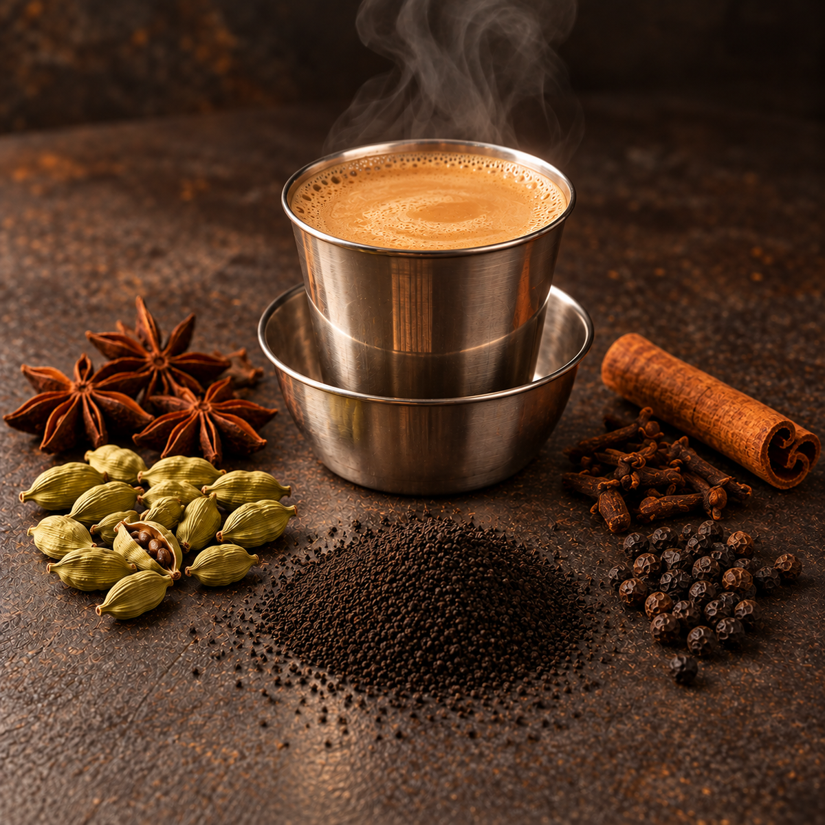 A cup of Irani Chai with CTC tea, cardamom, black pepper, star anise, cinnamon and cloves