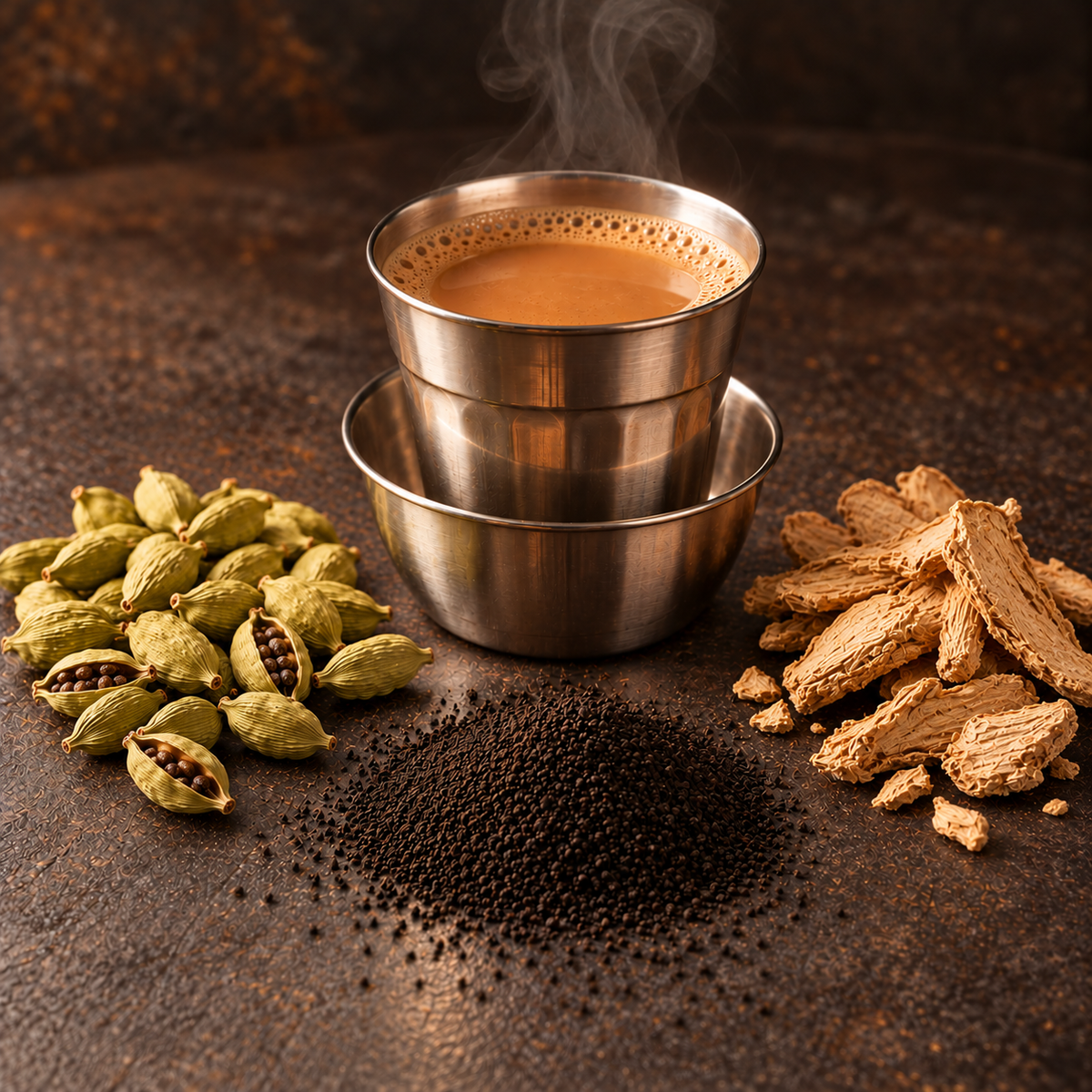 A cup of Elaichi Adrak Chai with CTC tea, cardamom and ginger