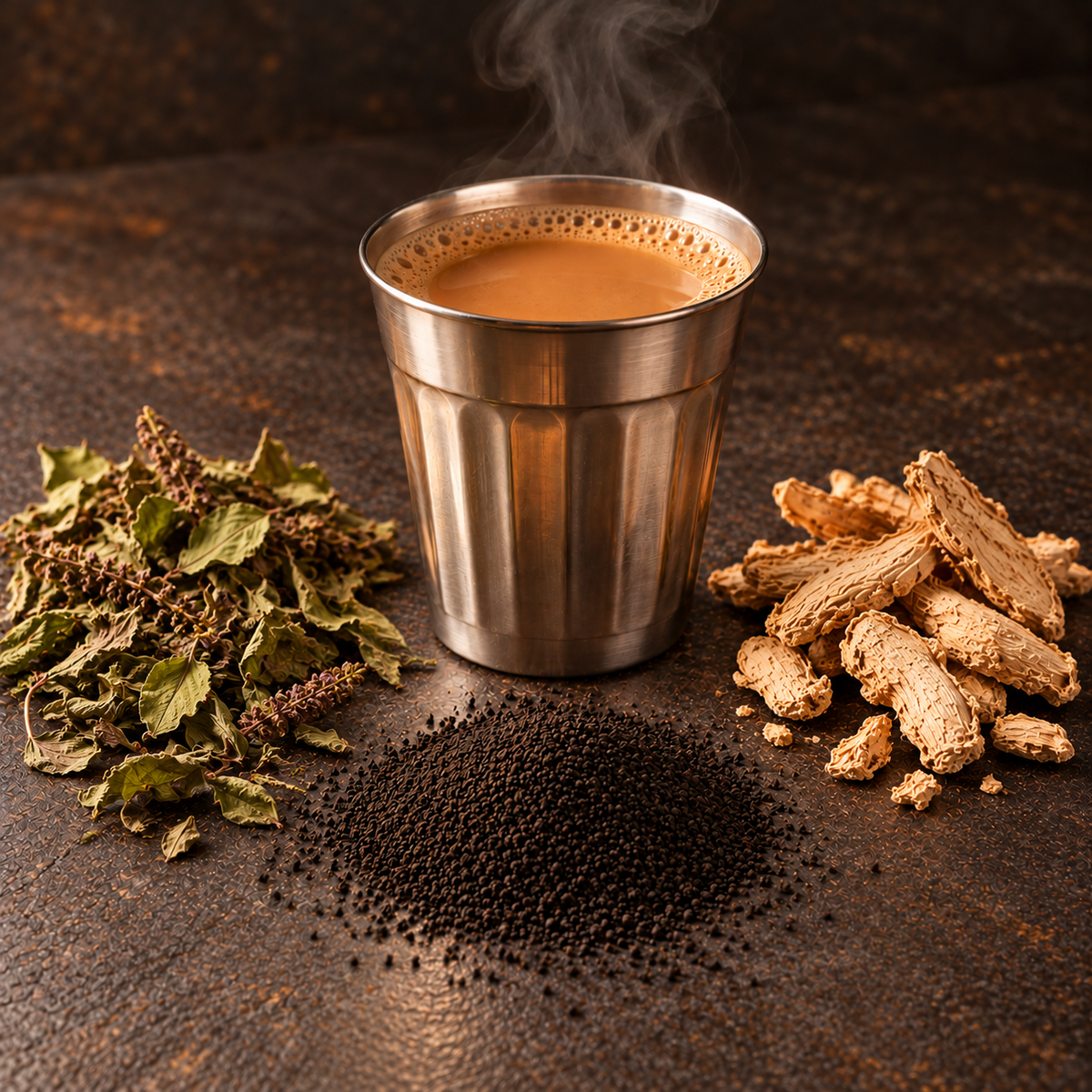 A cup of Tulsi Adrak Chai with CTC tea, tulsi leaves and ginger