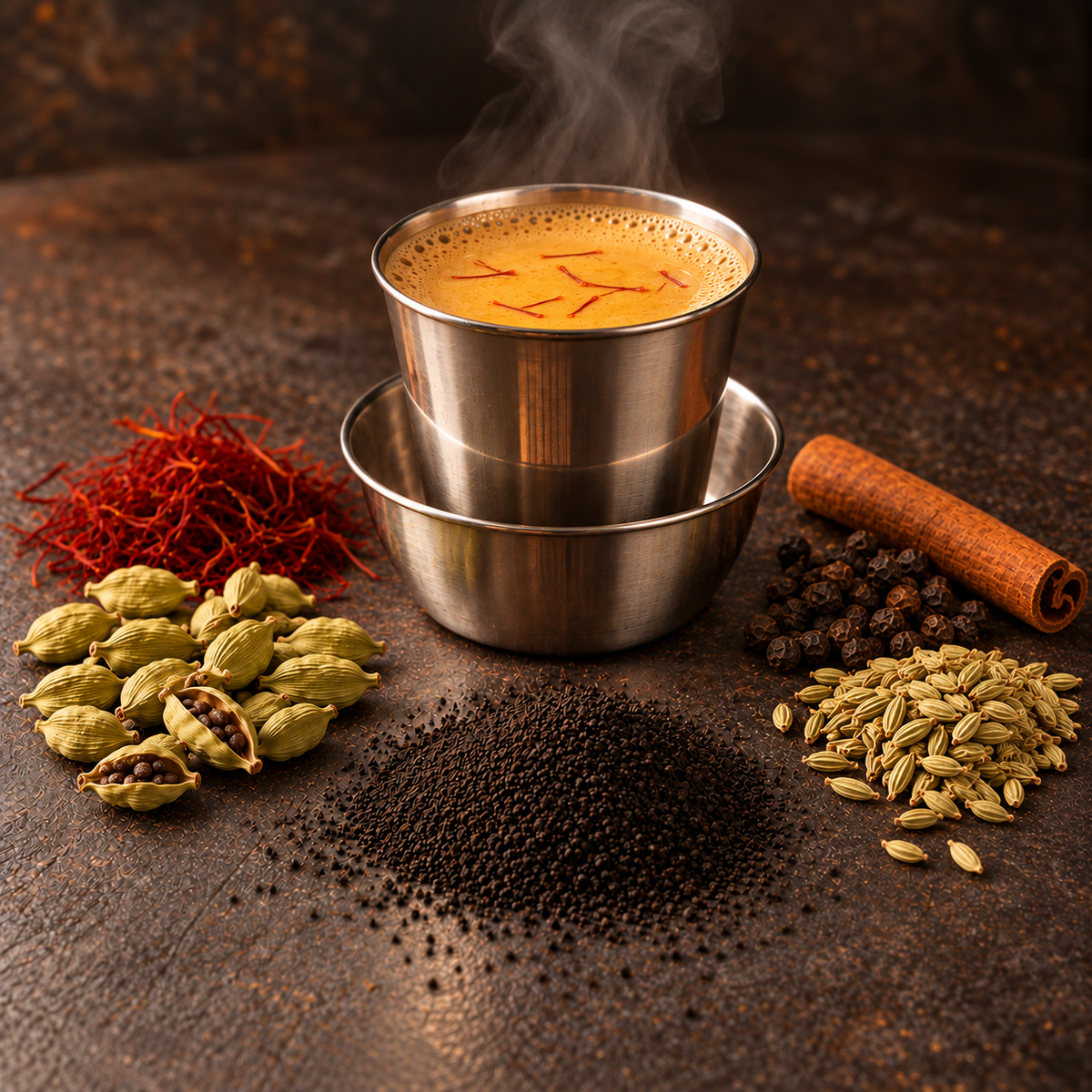 A cup of Kesariya Chai with CTC tea, saffron, cardamom, cinnamon, black pepper and fennel seeds