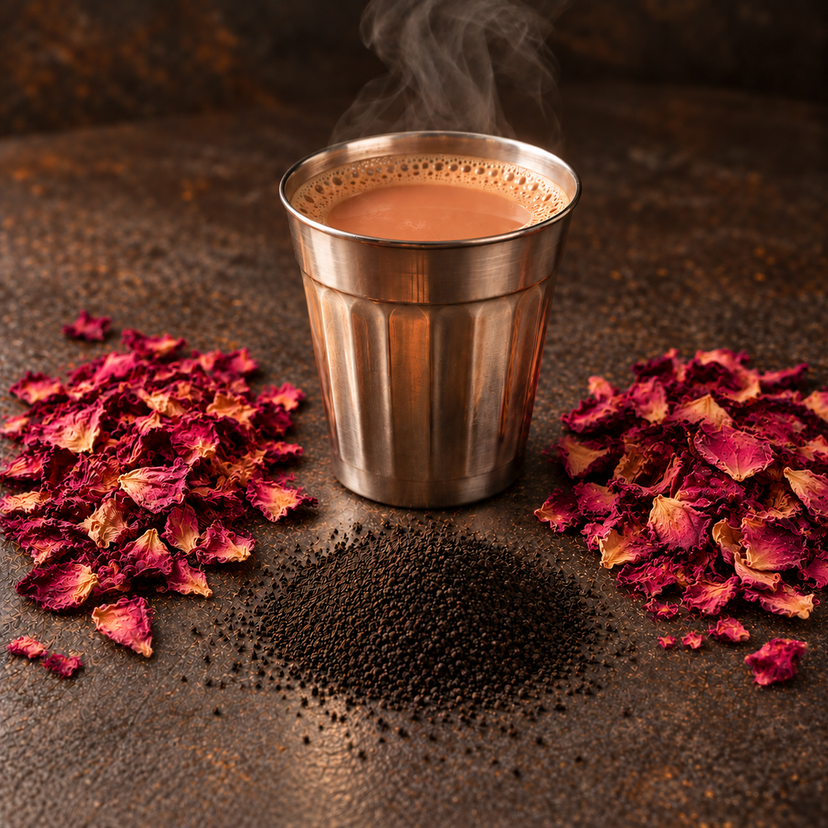 A cup of Rose Chai with CTC tea and rose petals